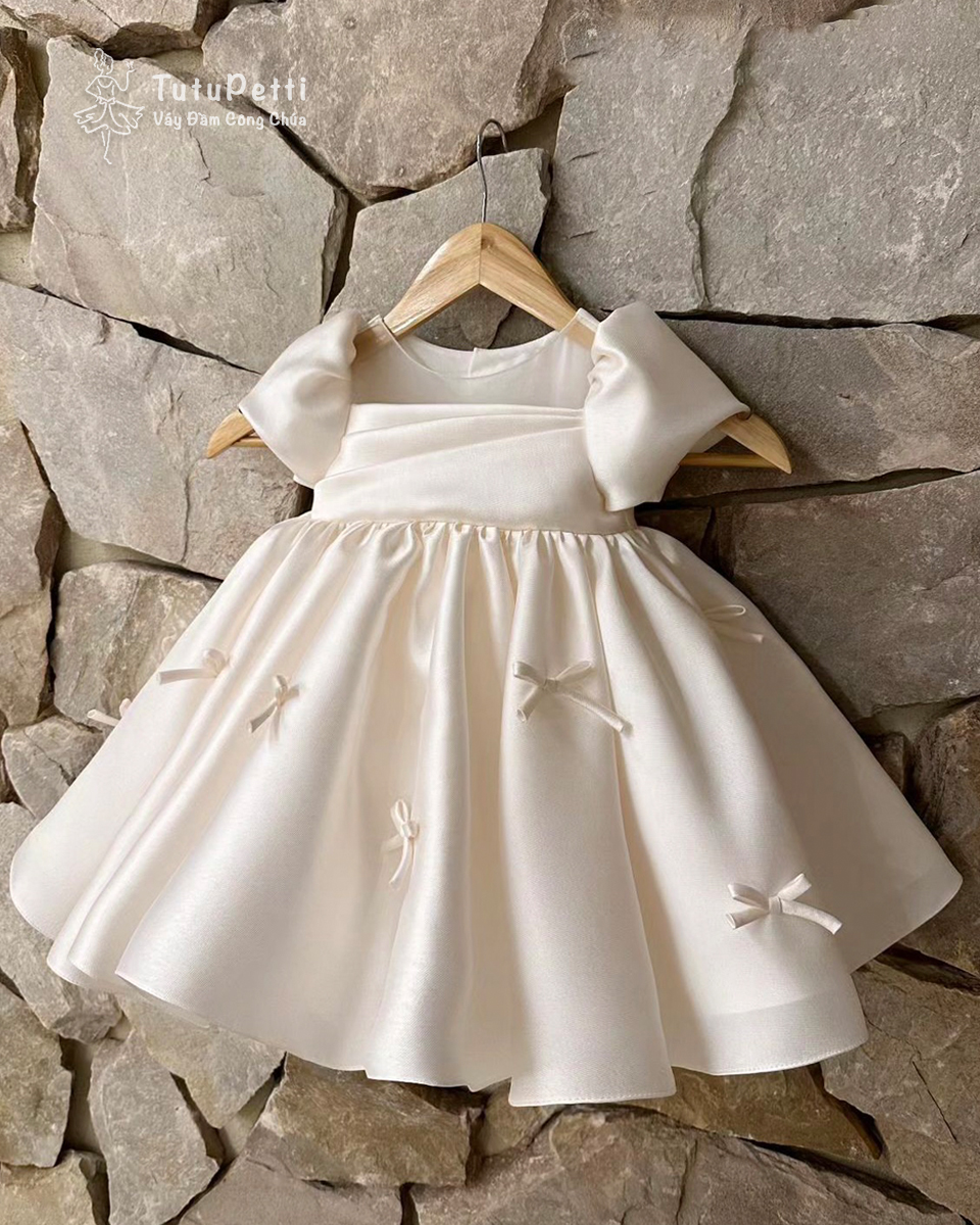 Đầm Tiểu Thư Trắng Style Hàn Quốc Đính Nơ Dễ Thương 1 Váy Dự Tiệc Sinh Nhật Cao Cấp Cho Bé