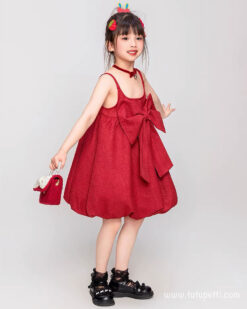 Đầm bé gái màu đỏ kết hợp nơ và choker cho bé gái