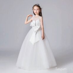 Đầm Công Chúa Dự Tiệc Màu Trắng Form Dài Đính Nơ Sang Trọng