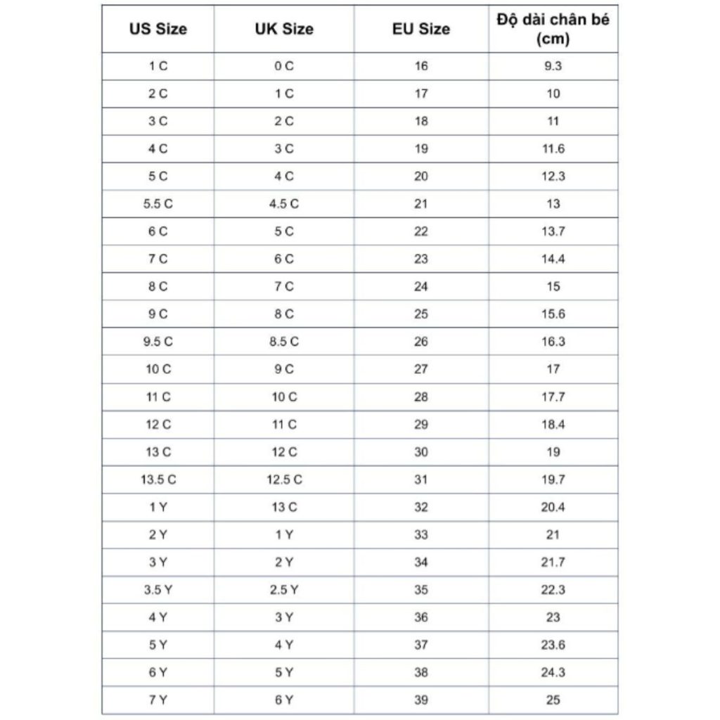 Một Số Bảng Size Giày Trẻ Em Tiêu Chuẩn Bố Mẹ Có Thể Tham Khảo 8 bang size giay tre em chau au