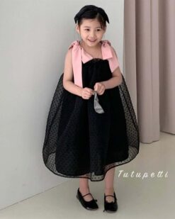 Đầm Chấm Bi Đen Nơ Hồng