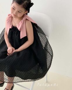 Đầm Chấm Bi Đen Nơ Hồng