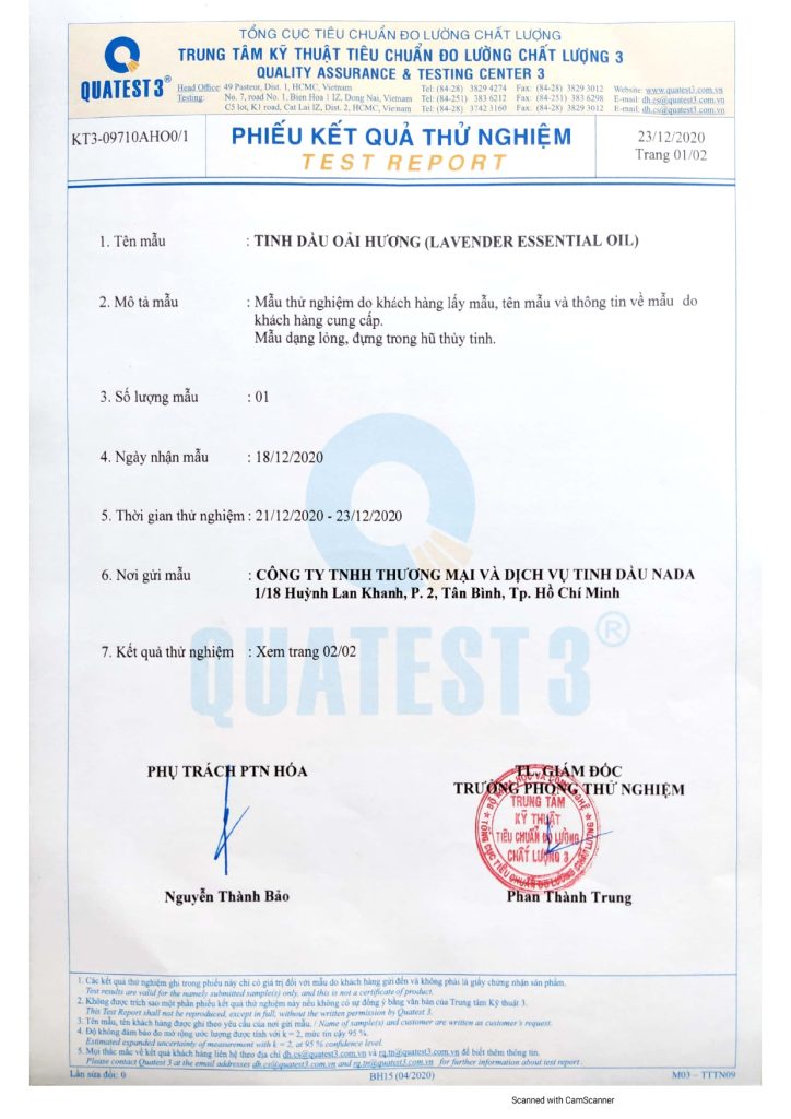 Giấy kiểm định tinh dầu oải hương