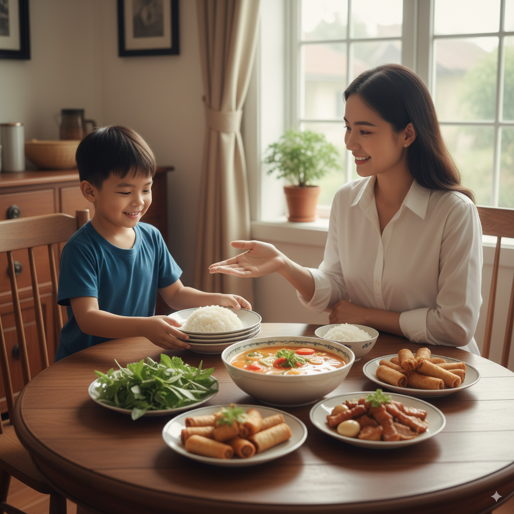 Cậu bé giúp mẹ dọn bàn ăn, cho thấy sự hợp tác giữa cha mẹ và con cái.