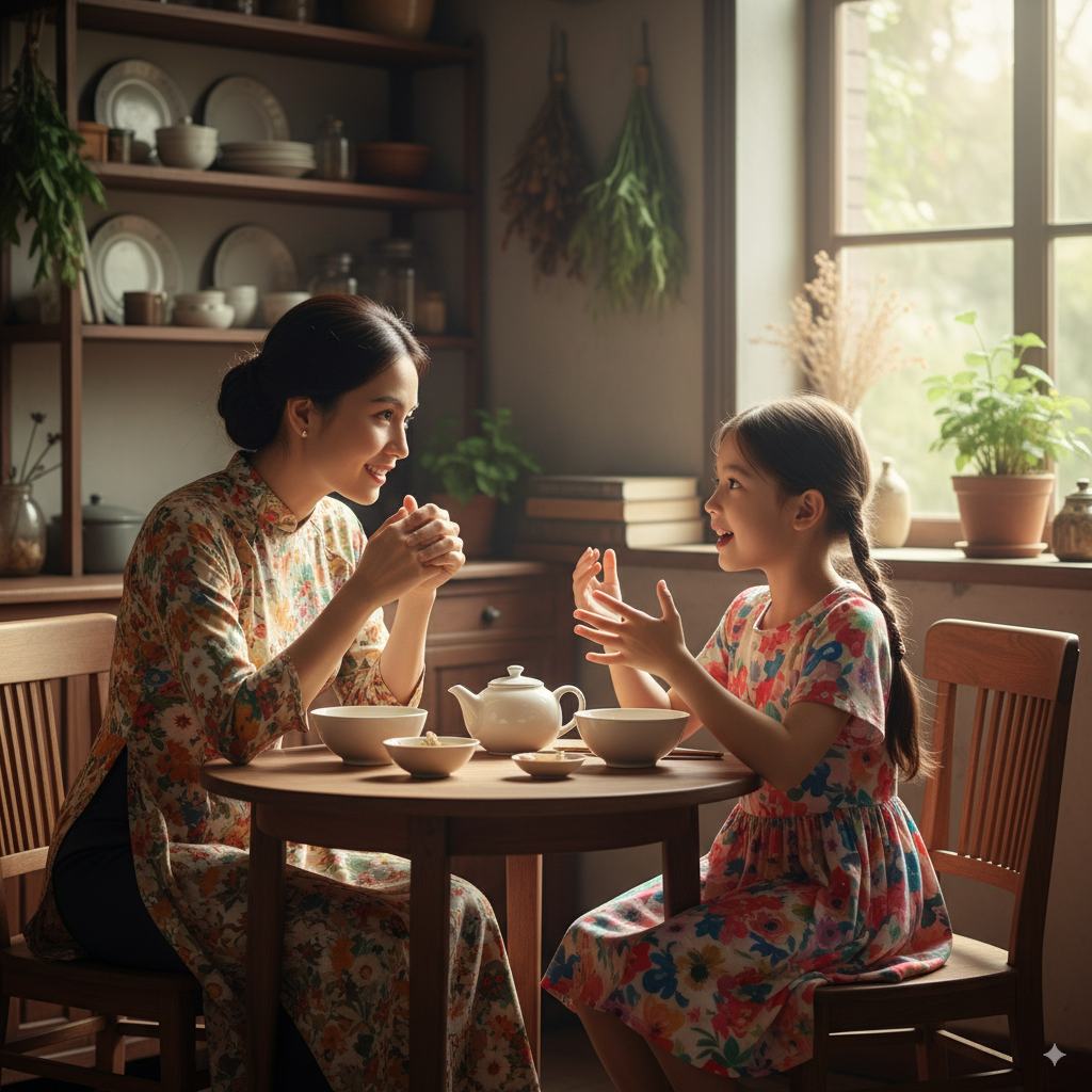 Hai mẹ con đang giao tiếp bằng sự tôn trọng và lắng nghe.
