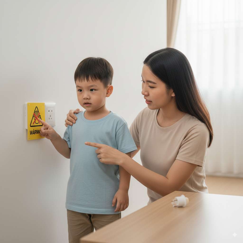 Bé trai 5 tuổi được mẹ nhắc nhở tránh xa ổ điện để đảm bảo an toàn