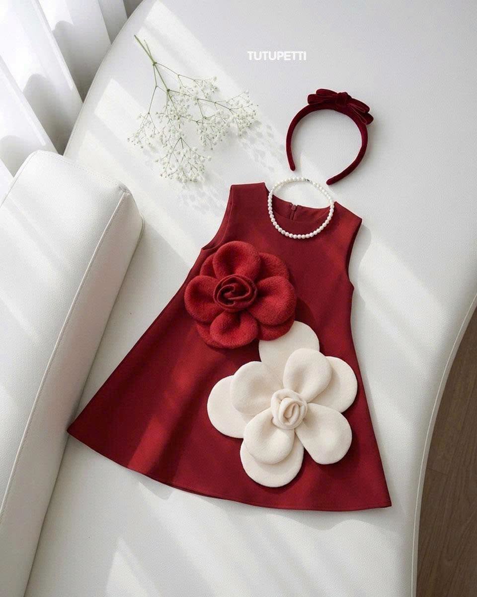 Đầm Công Chúa Bé Gái Nhung Đỏ Đô Đính Hoa 3D Cao Cấp 1 Đầm Công Chúa Bé Gái Nhung Đỏ Đô Đính Hoa 3D Cao Cấp